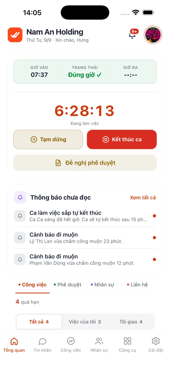 Màn Tổng quan: ca đang chạy, bộ đếm công việc và đơn chờ duyệt