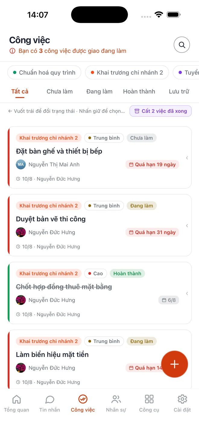 Danh sách công việc với trạng thái và hạn hoàn thành