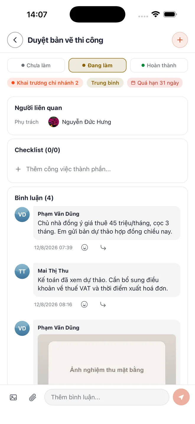 Bình luận và ảnh nằm bên trong công việc