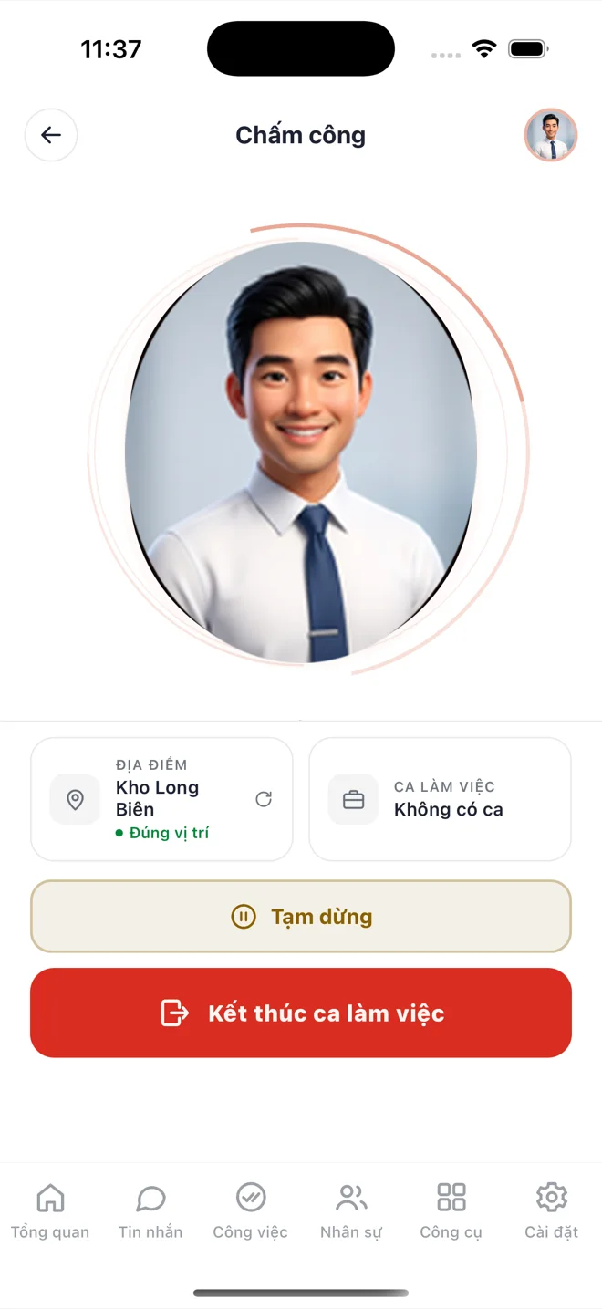 Màn chấm công của Bogo Work: khung soi khuôn mặt, địa điểm đã xác minh đúng vị trí, nút kết thúc ca