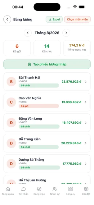 Bảng lương tháng của cả tổ chức, mỗi phiếu có trạng thái đã gửi hoặc đã chốt