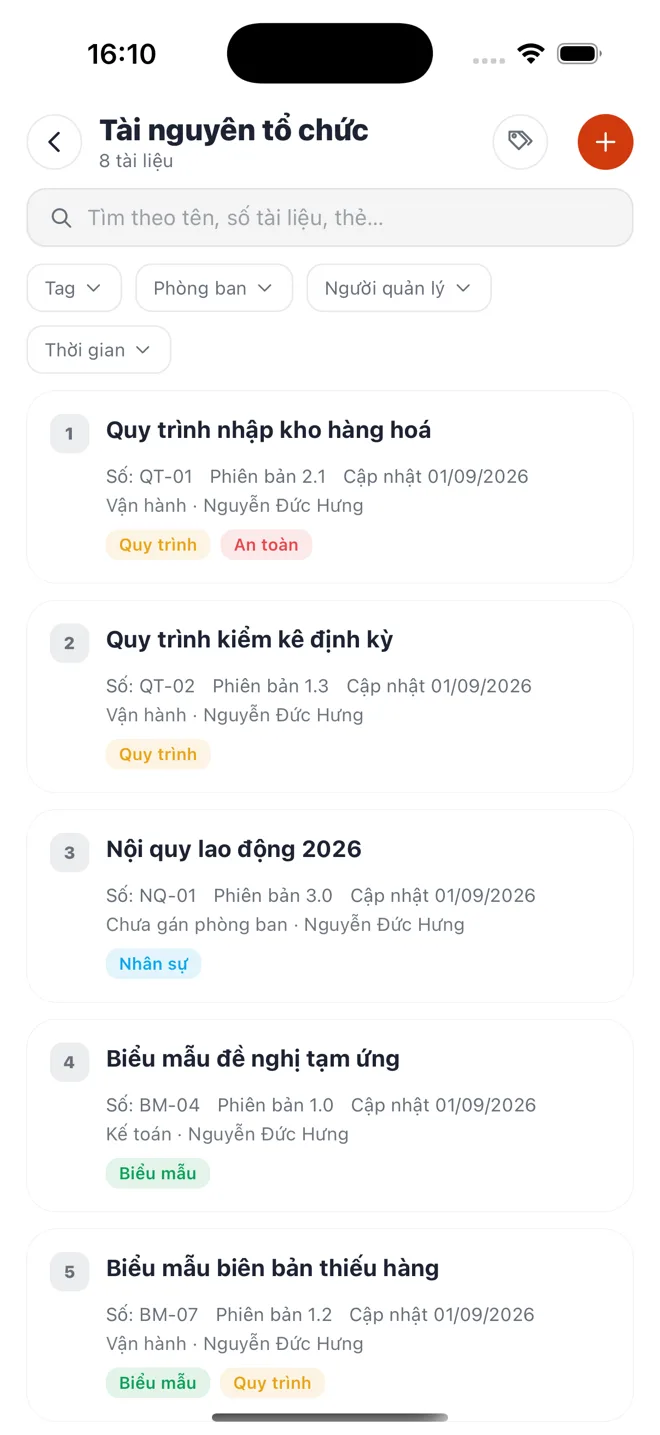 Sổ đăng ký tài nguyên tổ chức với số hiệu và phiên bản