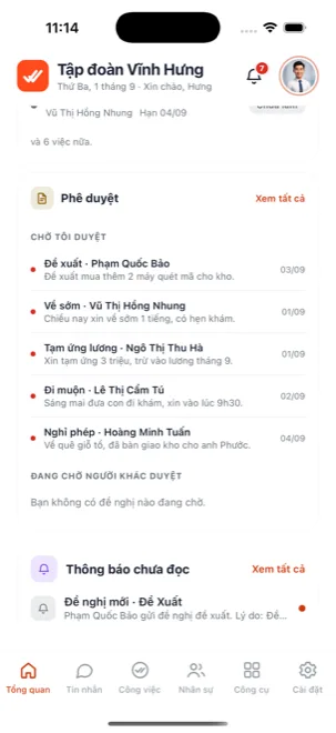 Khối phê duyệt trên màn Tổng quan