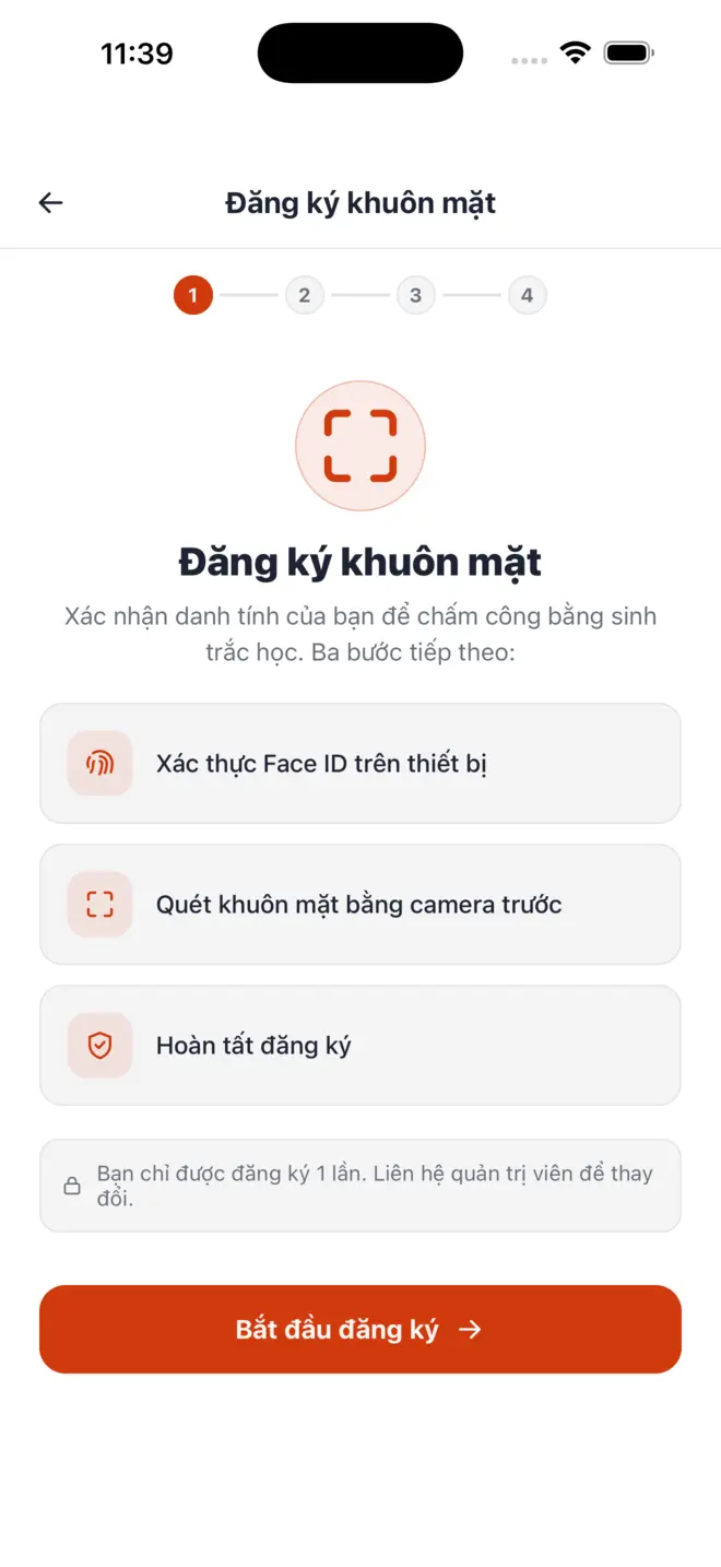 Màn đăng ký khuôn mặt với bốn bước và nút Bắt đầu đăng ký