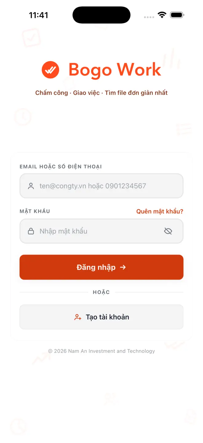 Màn đăng nhập Bogo Work với ô email hoặc số điện thoại và ô mật khẩu