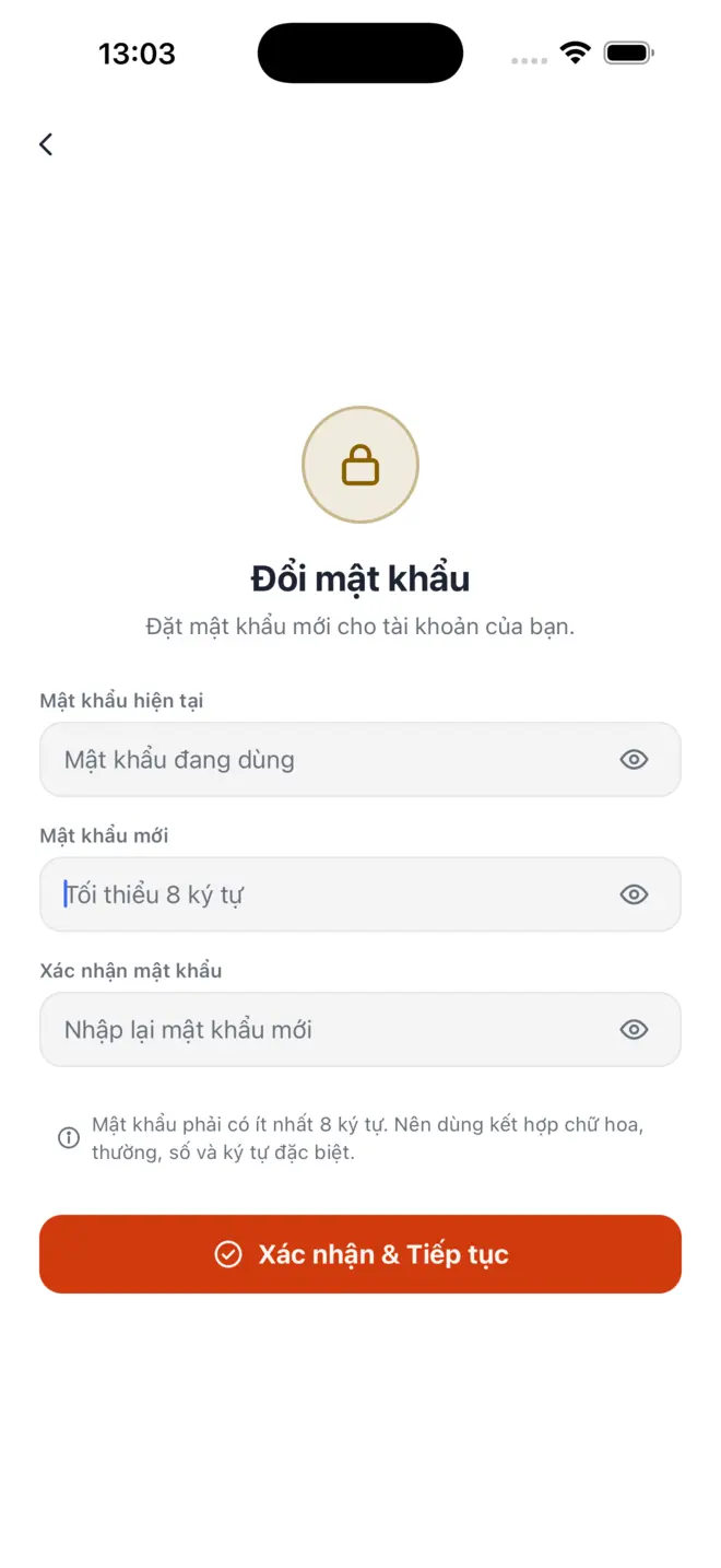 Màn Đổi mật khẩu với ba ô: mật khẩu hiện tại, mật khẩu mới, xác nhận mật khẩu