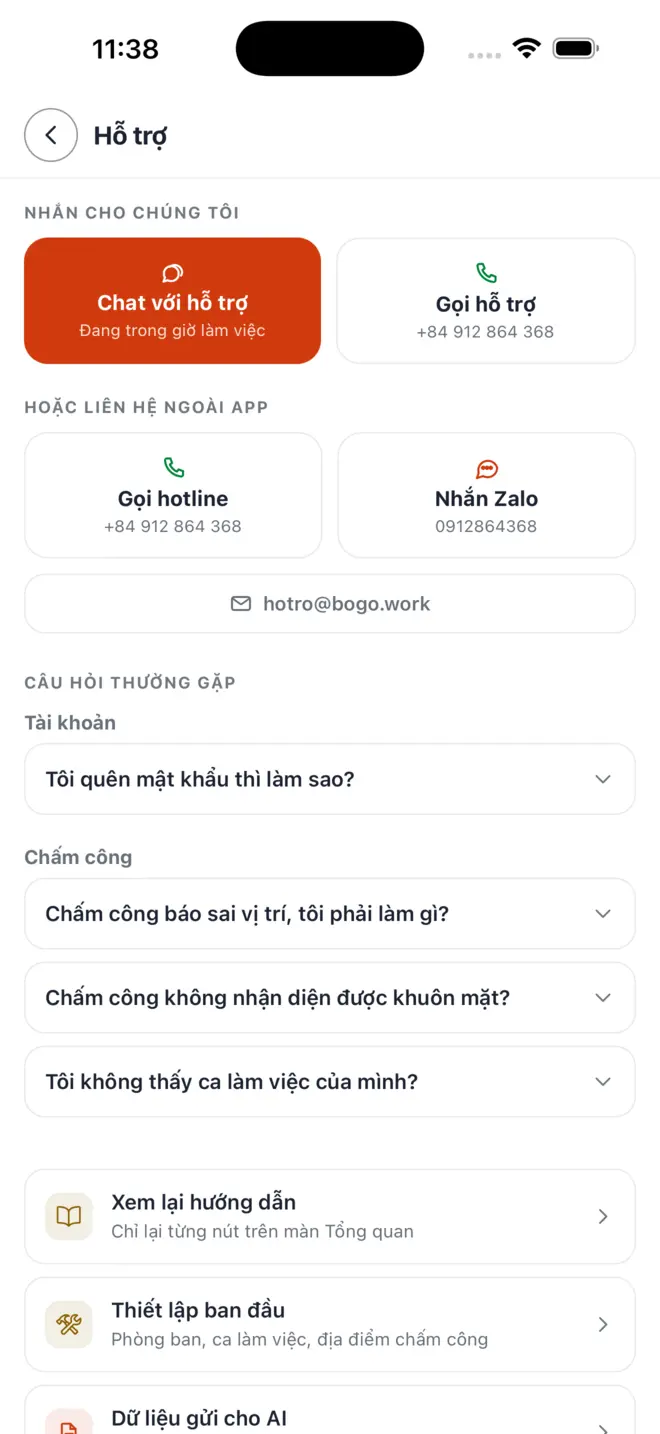 Màn Hỗ trợ với nút chat, gọi hỗ trợ, hotline, Zalo và mục câu hỏi thường gặp