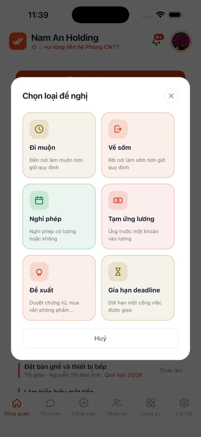 Hộp Chọn loại đề nghị với sáu loại: đi muộn, về sớm, nghỉ phép, tạm ứng lương, đề xuất, gia hạn deadline