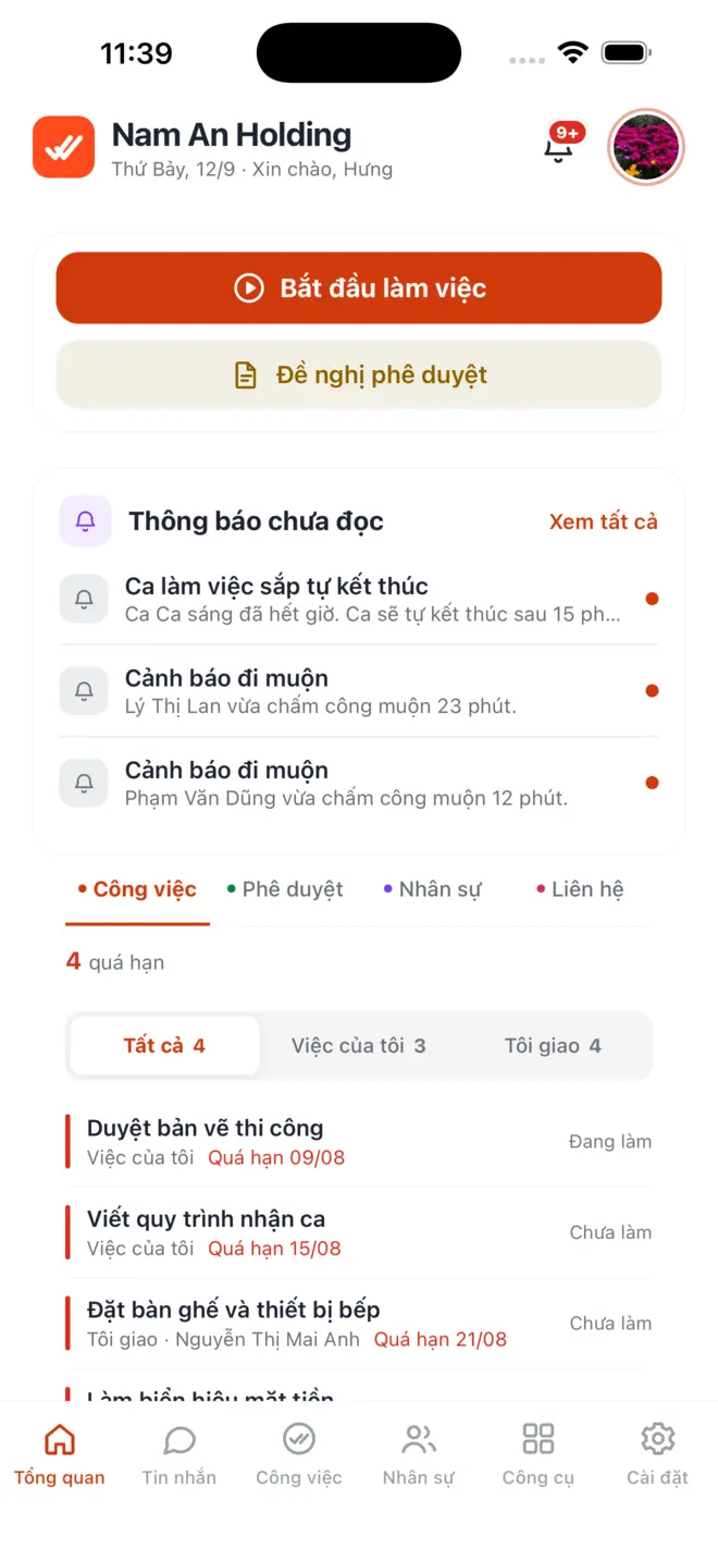 Màn Tổng quan với nút Bắt đầu làm việc ở trên cùng