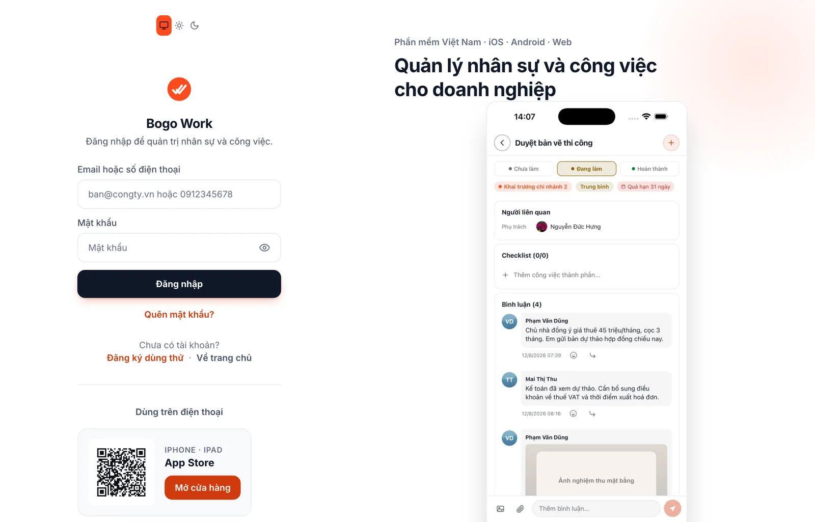 Màn đăng nhập của bản web Bogo Work trên trình duyệt máy tính