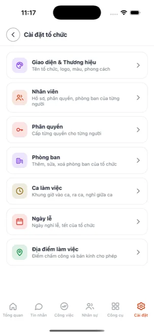 Màn Cài đặt tổ chức
