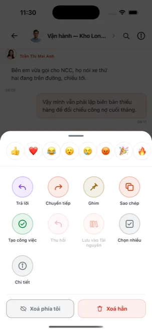 Bảng thao tác khi nhấn giữ một tin nhắn, có mục Tạo công việc